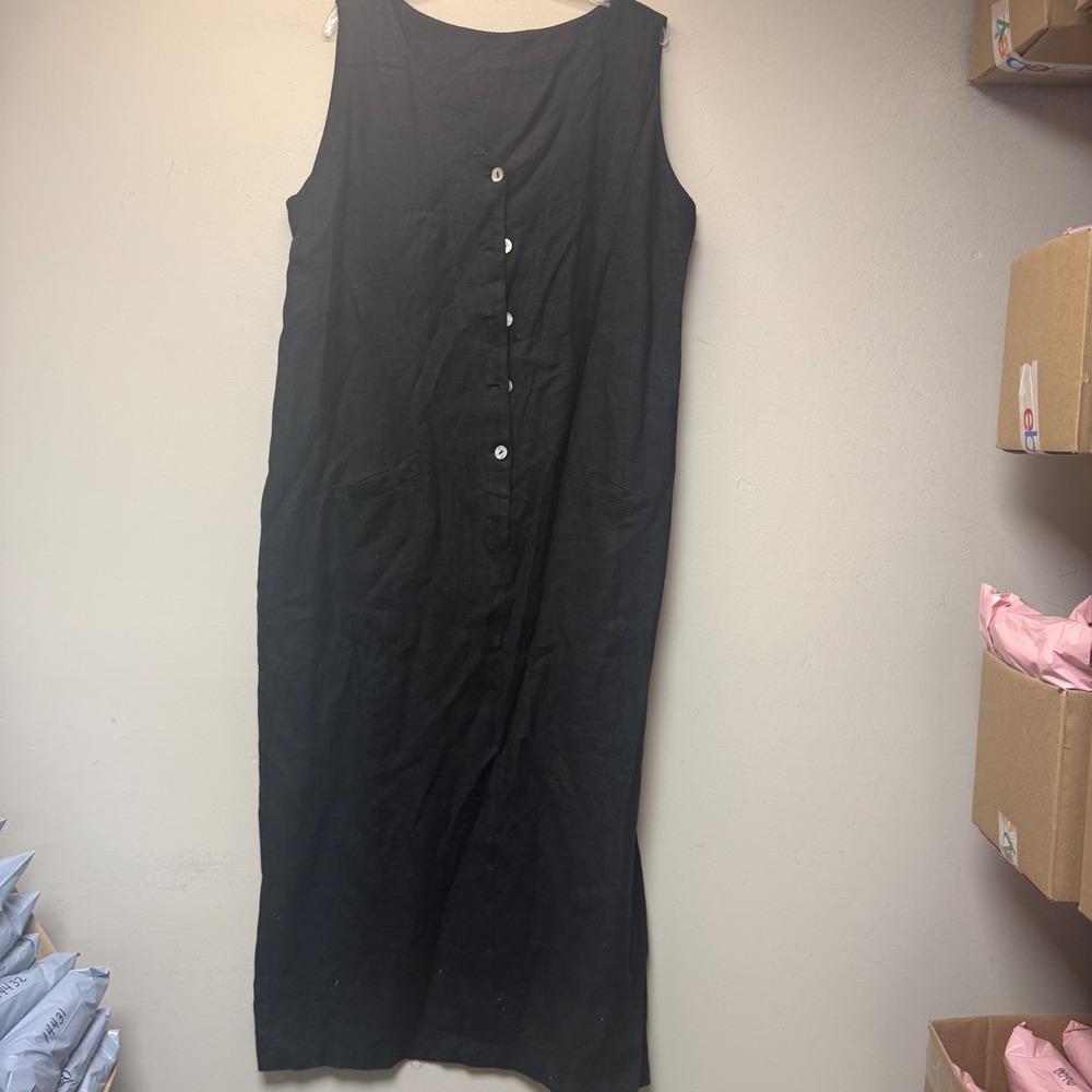 Chico's Design Maxi Dress Women Size 3 Black Excellent Linen Button Front Pocket
